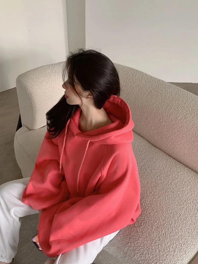 Women's watermelon red mulberry silk hooded pullover sweater with loose fit
