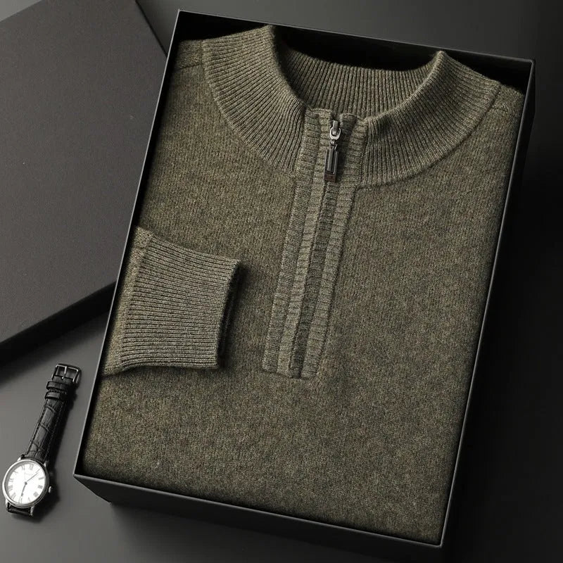 Men's half-high collar loose half-zip solid colour pullover sweater in camel colour on a model