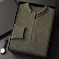 Men's half-high collar loose half-zip solid colour pullover sweater in camel colour on a model