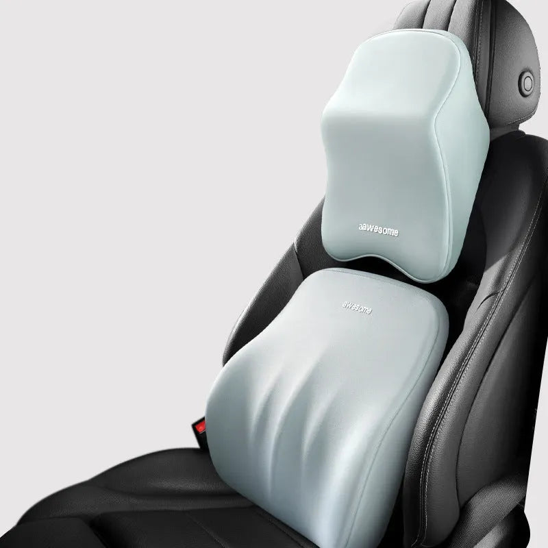 Car memory foam lumbar pillow set with headrest and waist rest in geometric pattern, black colour option