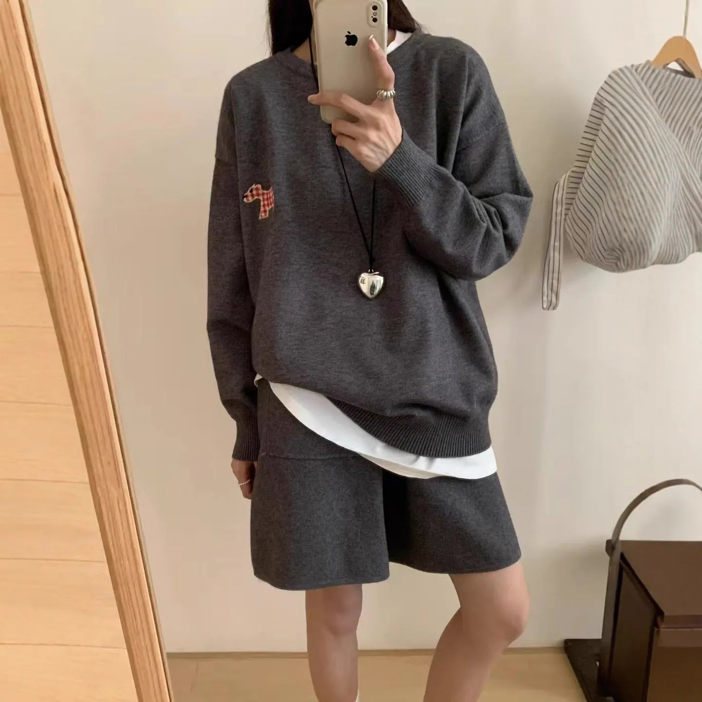 Women's milk blue knitted sweater and shorts set with animal embroidery pattern