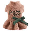 Pet clothing warm Berber fleece skirt in dark blue with letter print on a standing dog.