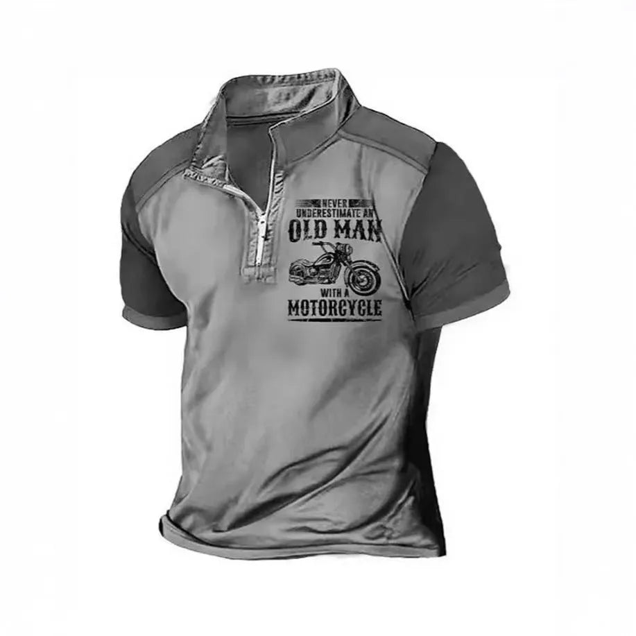 Men's casual polo shirt with lapel zipper decoration and digital print letter pattern
