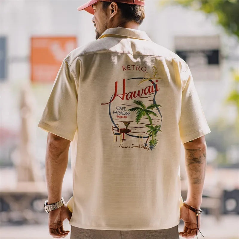 Men's light apricot bamboo pattern Cuban collar short sleeve shirt