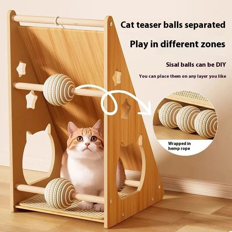 Vertical wall-sticking cat scratch board with sisal hemp rope and cat teasing ball style on a white wall