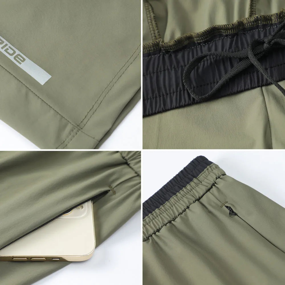 Men's Ice Silk quick-drying loose cropped running pants in army green on a model