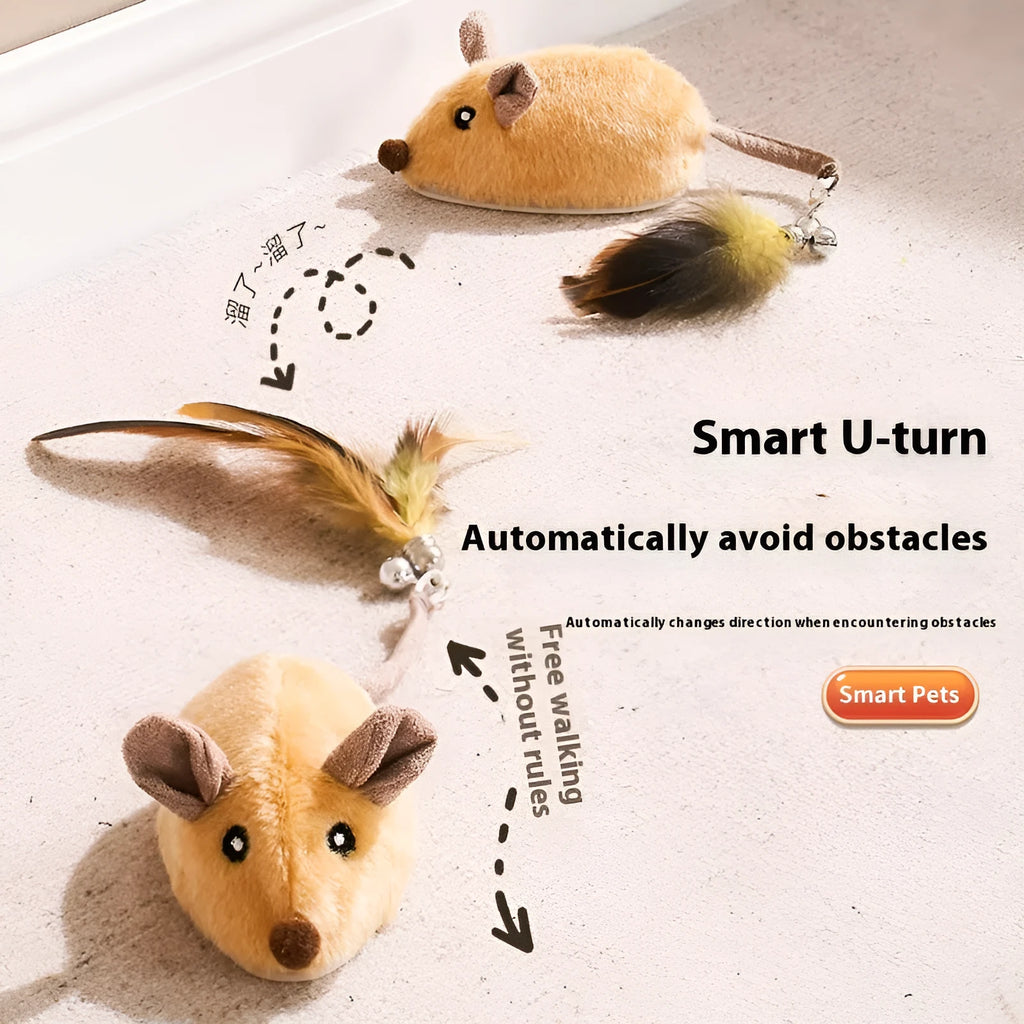 Intelligent charging simulation electric little mouse cat teaser toy in gray with double tail decoration on a light surface