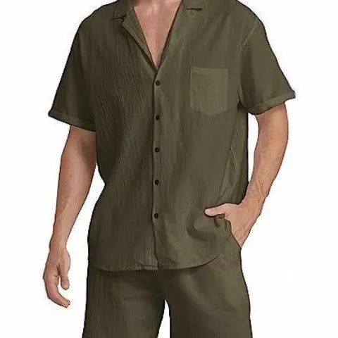 Men's summer sports short-sleeved shorts suit in linen blend black colour front view