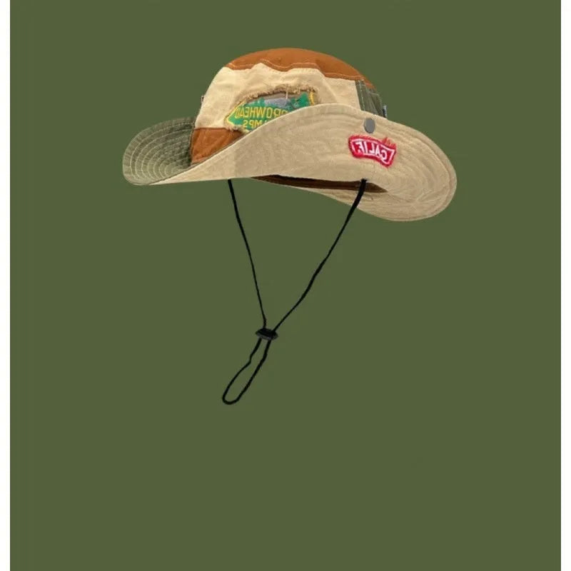 Army green cotton fisherman hat with patchwork fabric and flat top crown design