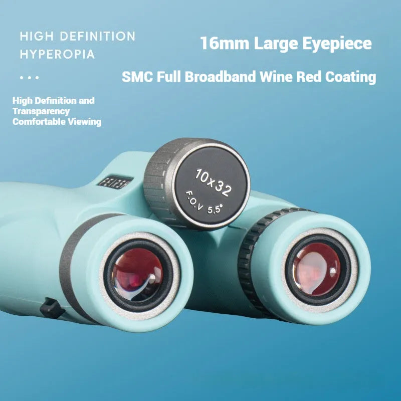 Wine red finish 10x32 binoculars with grey or blue options on a dark background