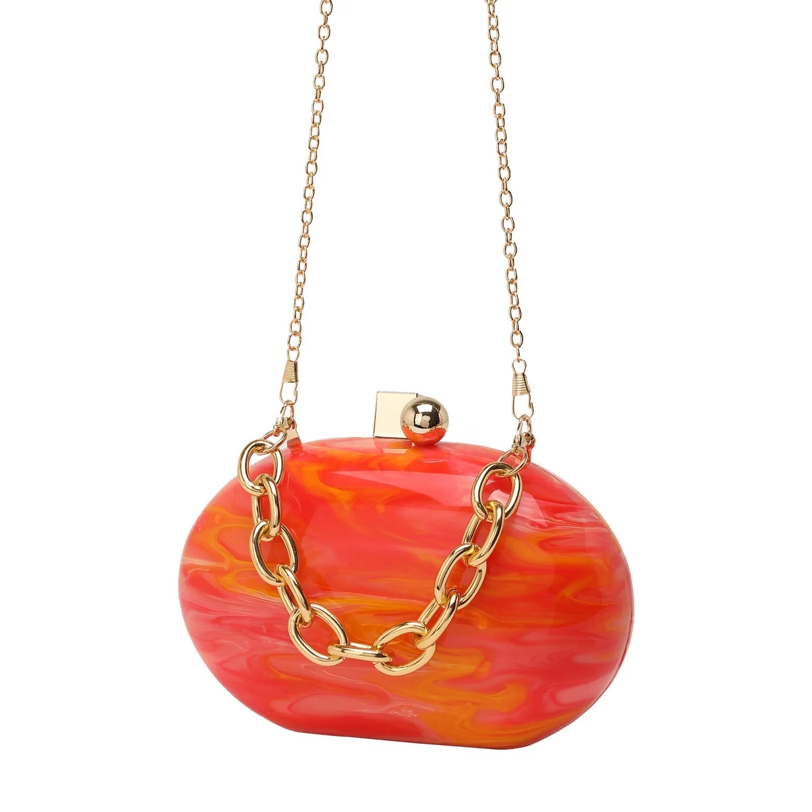 Oval acrylic chain crossbody handbag in pearlescent white with chain strap and hard shell structure