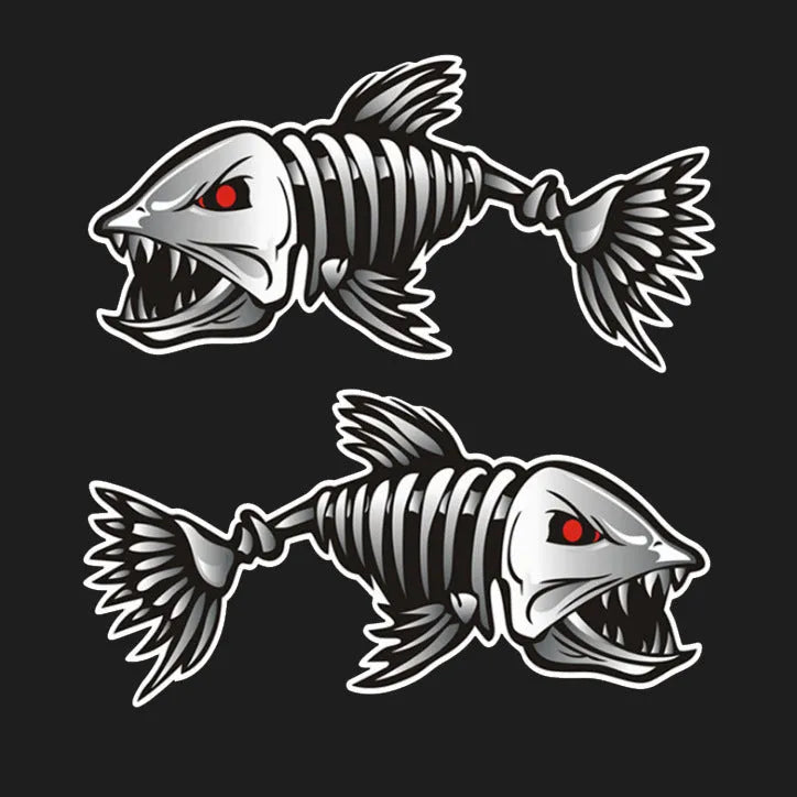 Reflective bumper sticker with horror skeleton shark fishing design covering car scratch, available in 15cm 25cm 30cm pairs