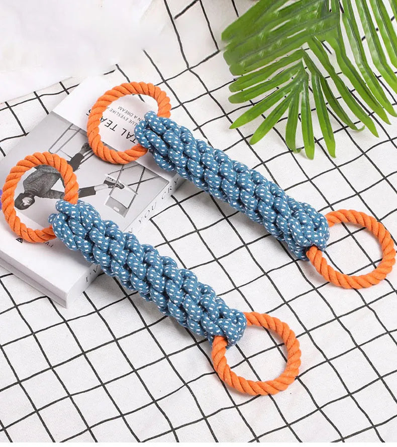 Blue braided cotton double-ring dog teething toy on white background