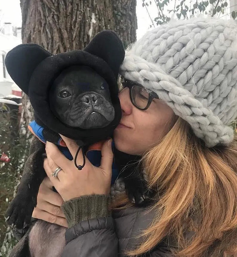 Pullover polar fleece dog hat for small and medium dogs in red, dark blue, and purple