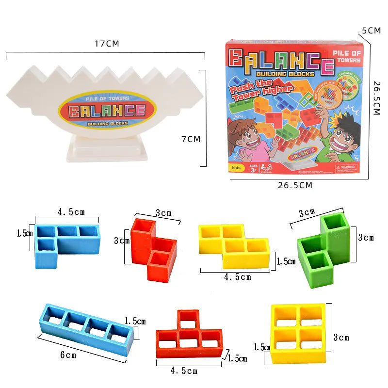 Plastic balance stacking game with 16 coloured blocks, chassis and base for family travel parties