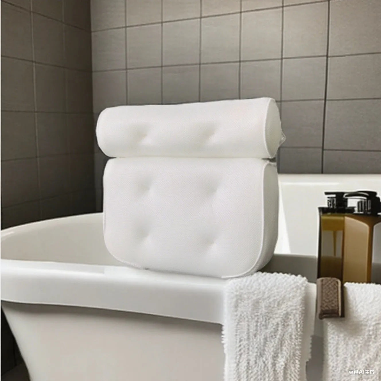 White bathtub pillow with mesh fabric and suction cups on a bathtub edge.