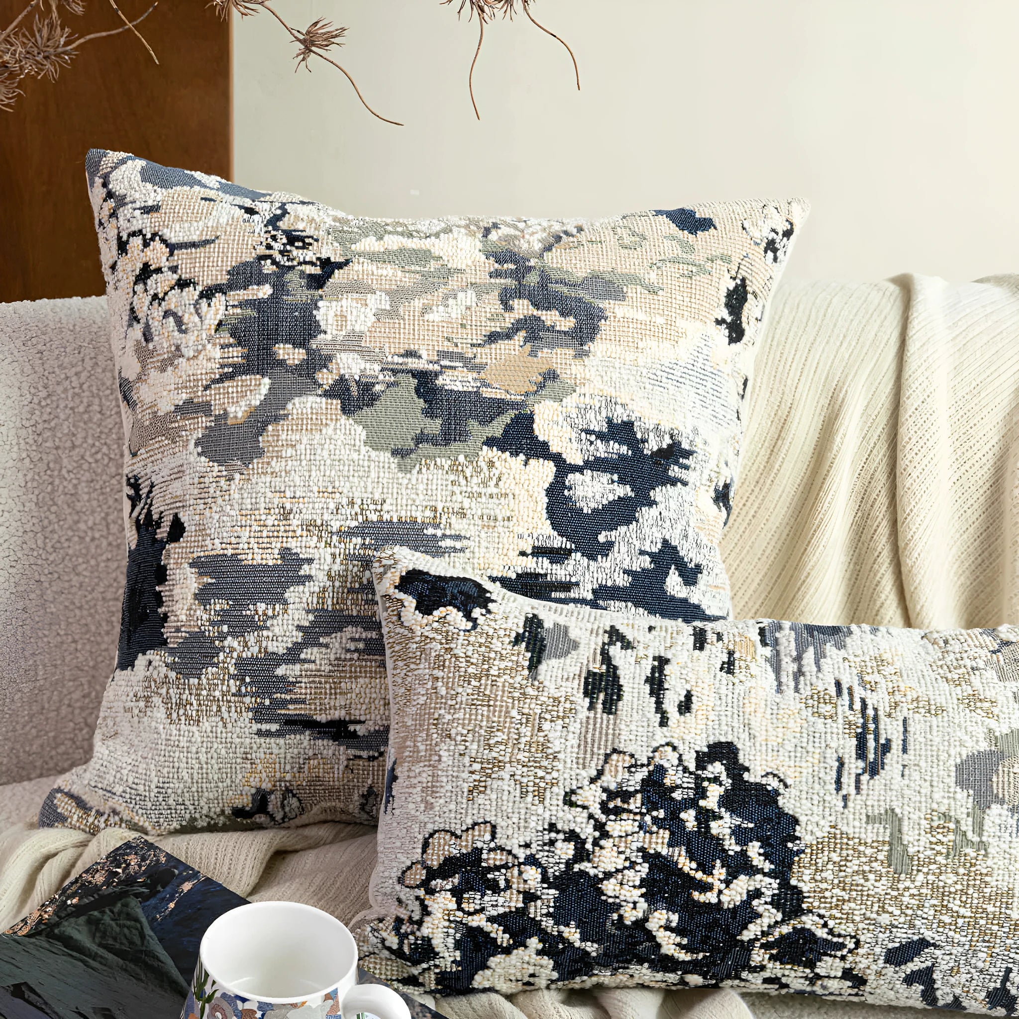 Antique blue wool blend cushion with Chinese floral pattern and feather velvet filling