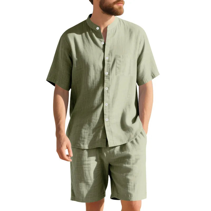 Men's light blue linen blend summer suit with short sleeve shirt jacket and matching shorts