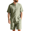 Men's light blue linen blend summer suit with short sleeve shirt jacket and matching shorts