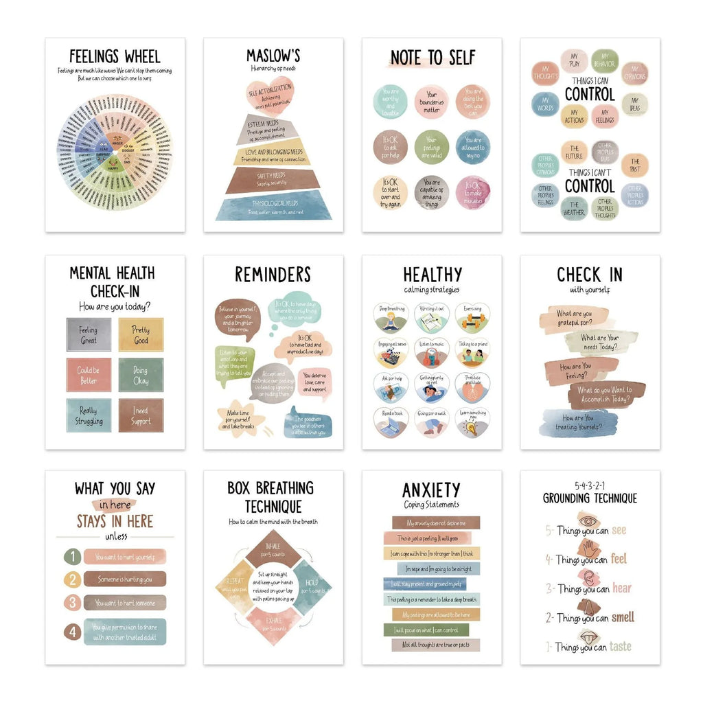 Set of 12 mental health posters on coated paper with bright film finish, each 255x355mm, with 60 glue dots