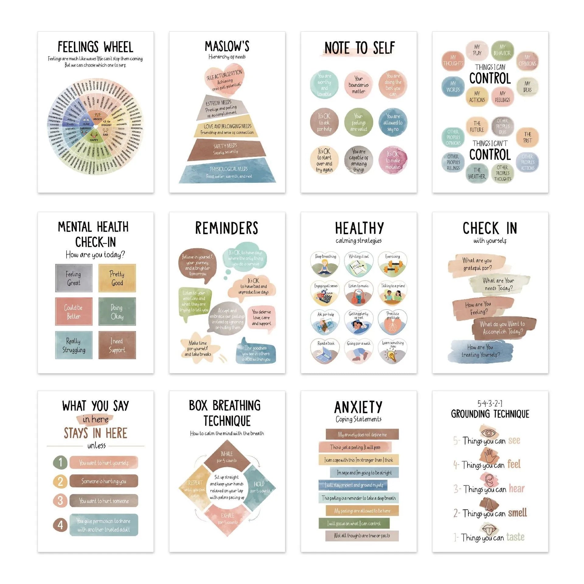 Set of 12 mental health posters on coated paper with bright film finish, each 255x355mm, with 60 glue dots