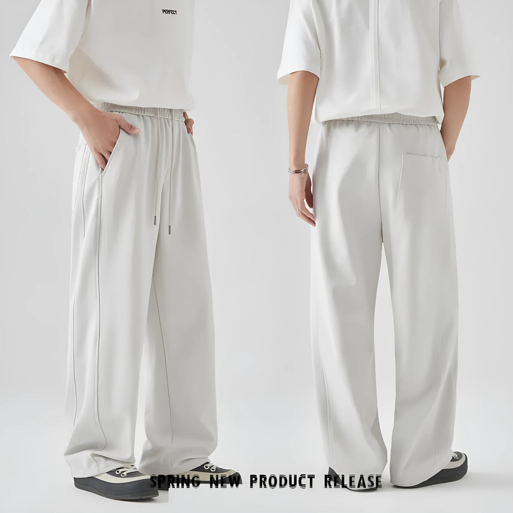 Men's cotton blend high-waist loose straight leg lace-up casual pants, solid colour black side view