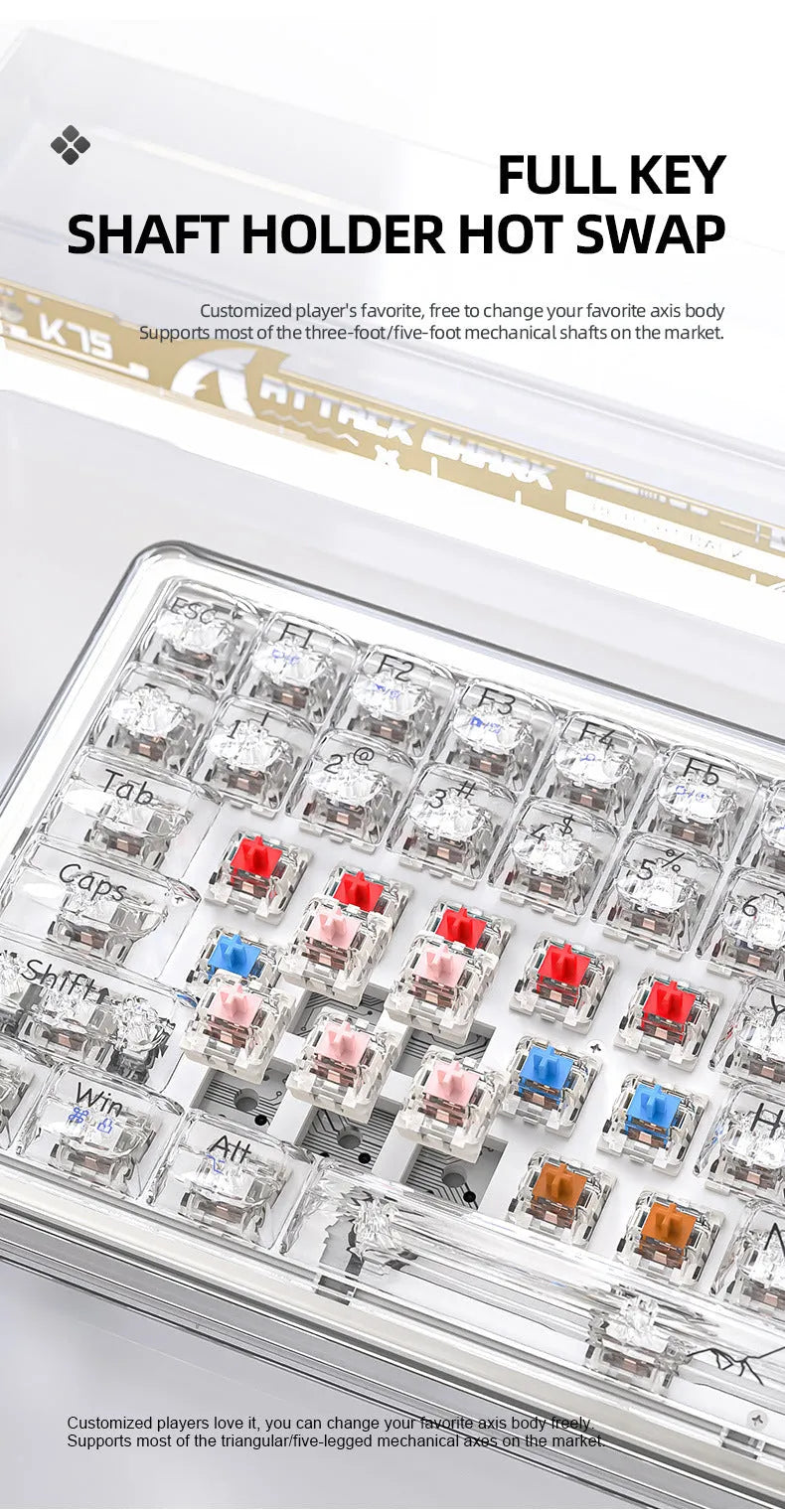 Attack Shark K75 RGB wireless mechanical keyboard with transparent case on a desk