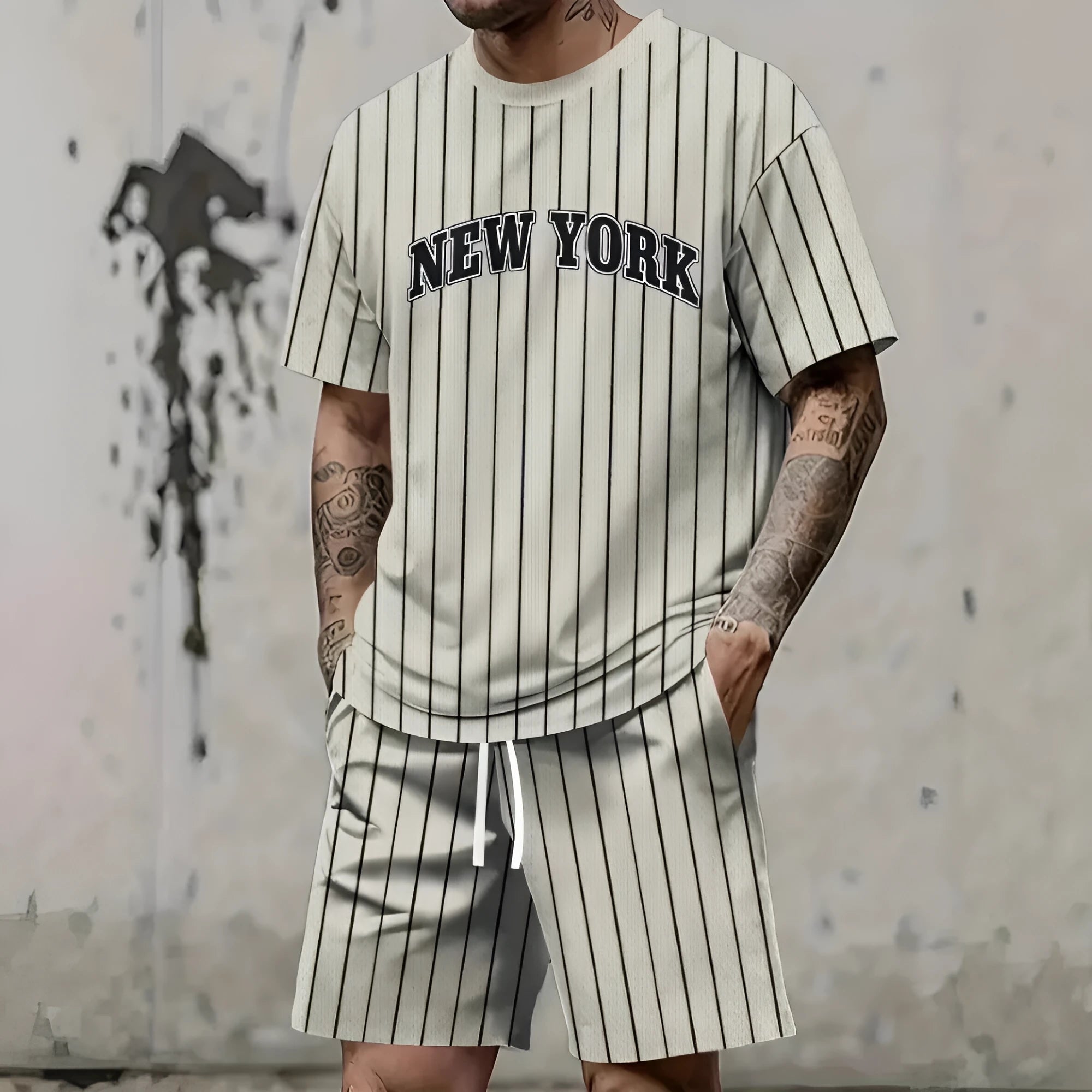 Men's 3D printing graphic suit with short sleeve top and shorts in polyester fibre fabric