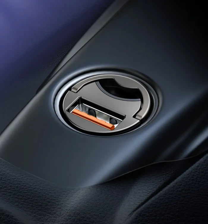 Electro-optical grey Baseus 30W PPS single USB car charger with a 1 metre cable.