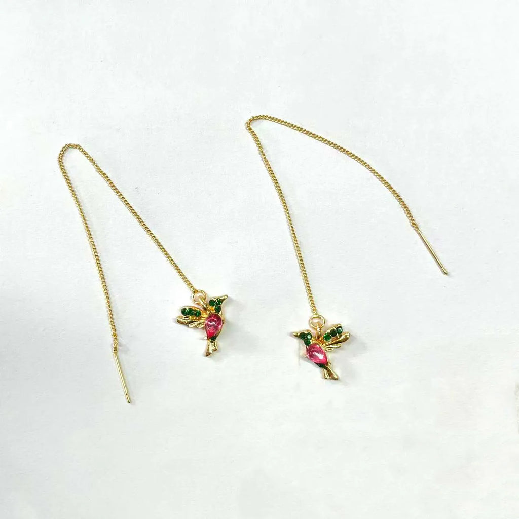 Women's long hanging earrings with bird charm design featuring zirconium wings in blue, red, and red lvzuan colour options