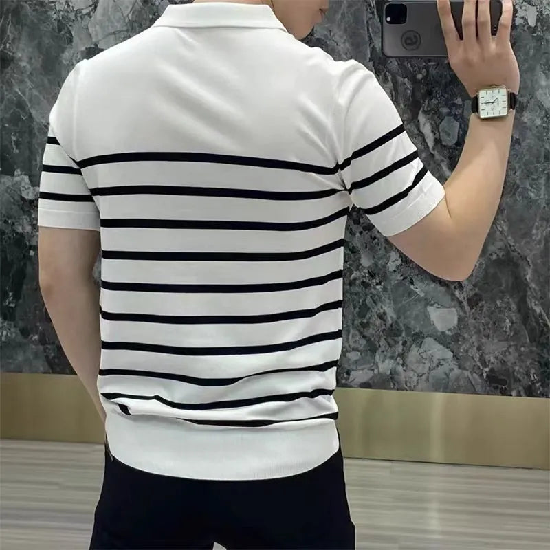 Black and white striped pullover t-shirt on a hanger