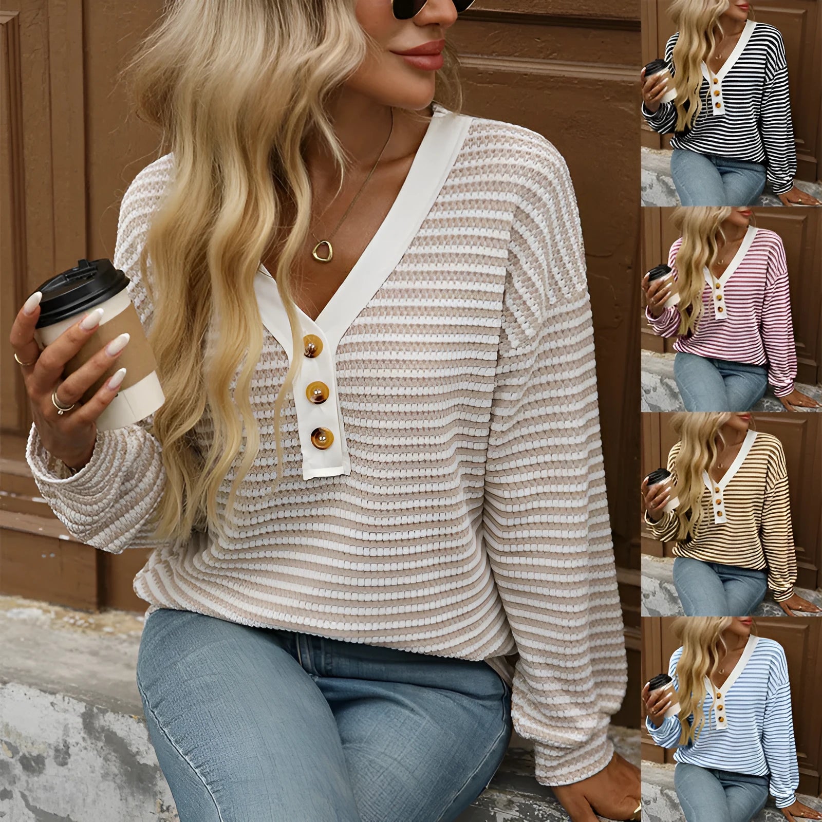 Women's patchwork V-neck pullover top with long sleeves in loose fit casual street fashion style