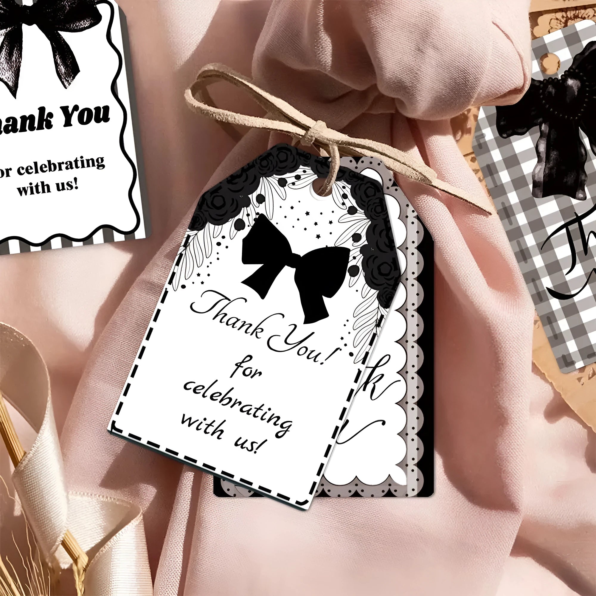 Bowknot-shaped paper gift tags with natural hemp rope ties for birthday party decoration