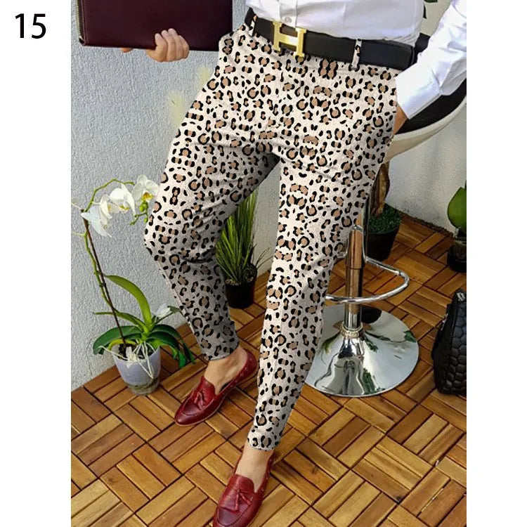 Men's slim-fit plaid casual trousers in a straight-leg style on a neutral background.