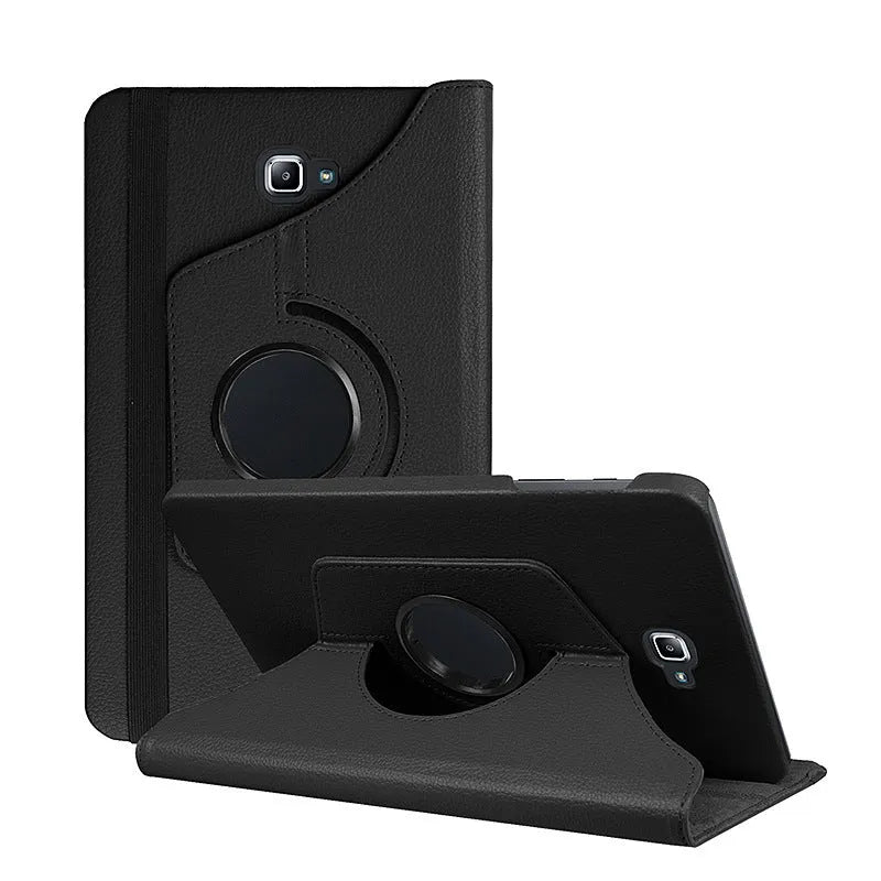 Rotating leather tablet case in clamshell business design showing adjustable viewing mechanism