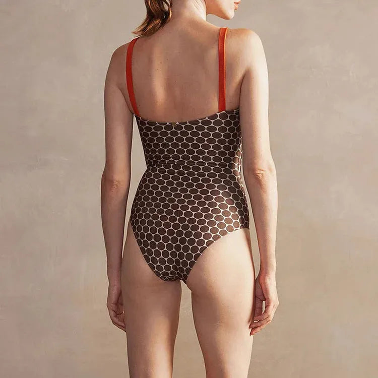 Printed high-grade double-sided one-piece swimsuit for women with wrap skirt, dotted pattern, polyester fabric, European American style