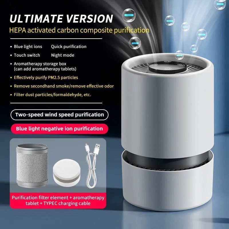 White desktop air purifier model EJ-JHQ101 removing smoke and formaldehyde in small room