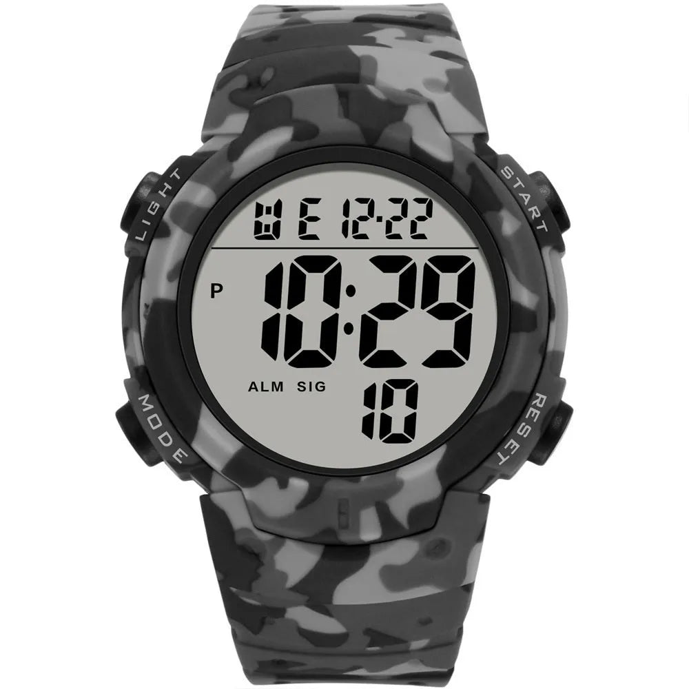 Multi functional waterproof sports electronic watch with 47.42mm dial and plastic band in black camouflage