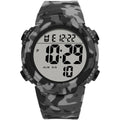 Multi functional waterproof sports electronic watch with 47.42mm dial and plastic band in black camouflage