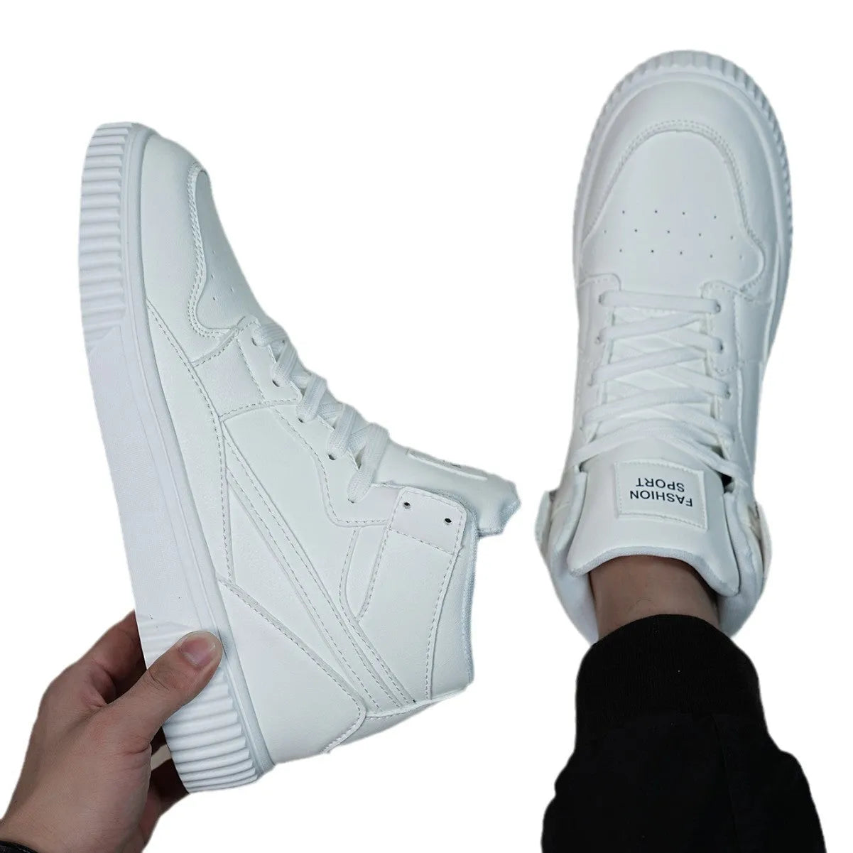 Men's white round toe casual sneakers with a microfiber upper on a grey background.