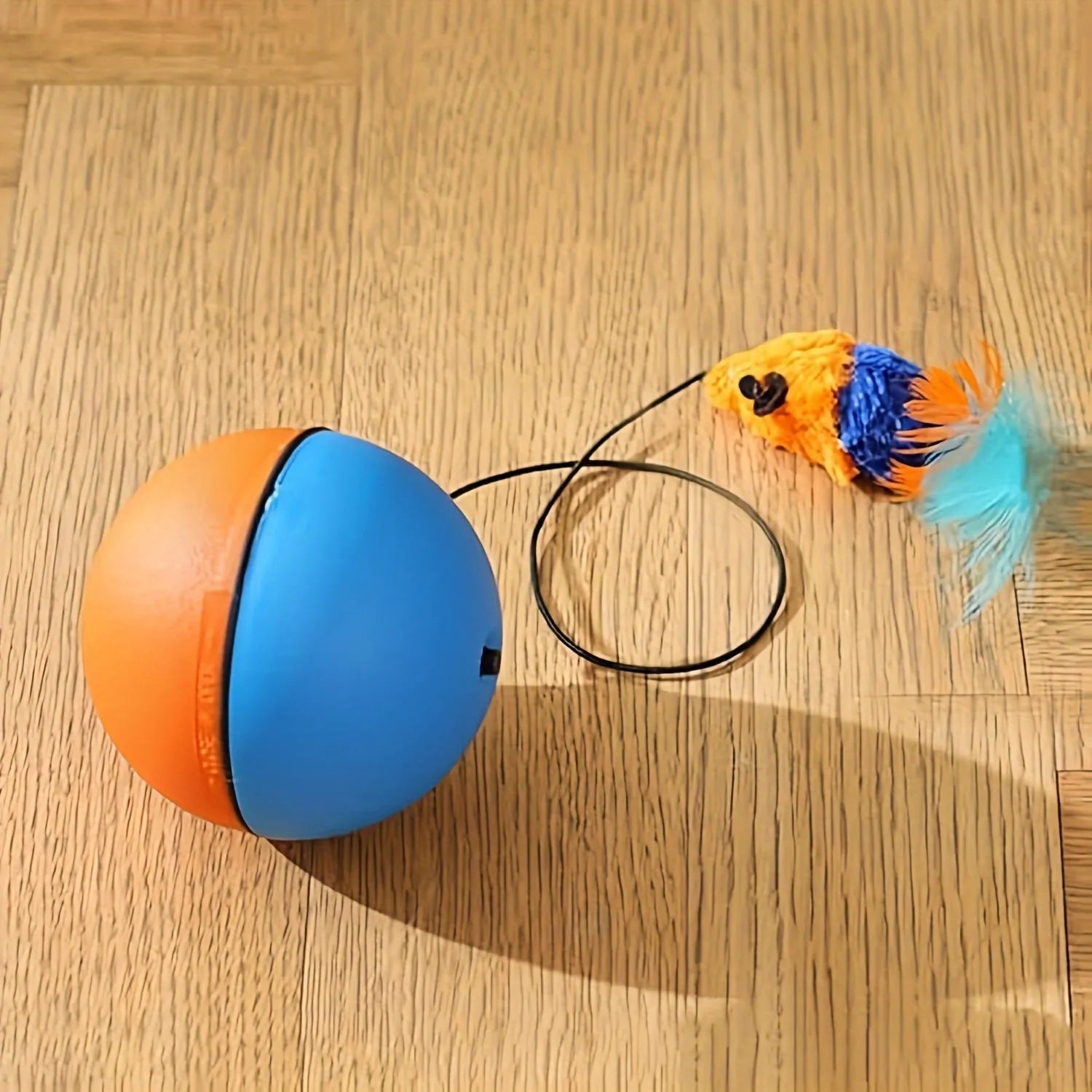Blue and orange plush cat toy ball with grey mouse attachment measuring 8.5cm
