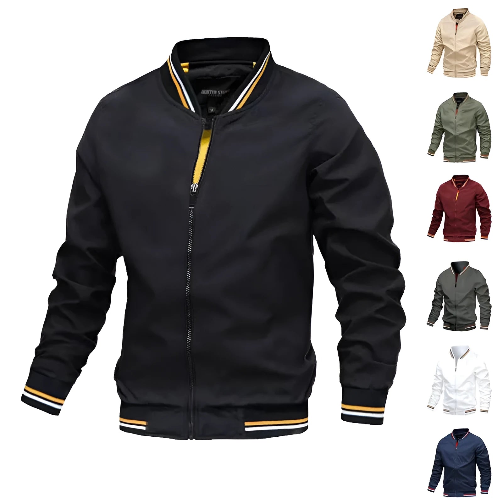 Men's striped zip-up jacket with pockets, badge detail, in Army Green colour