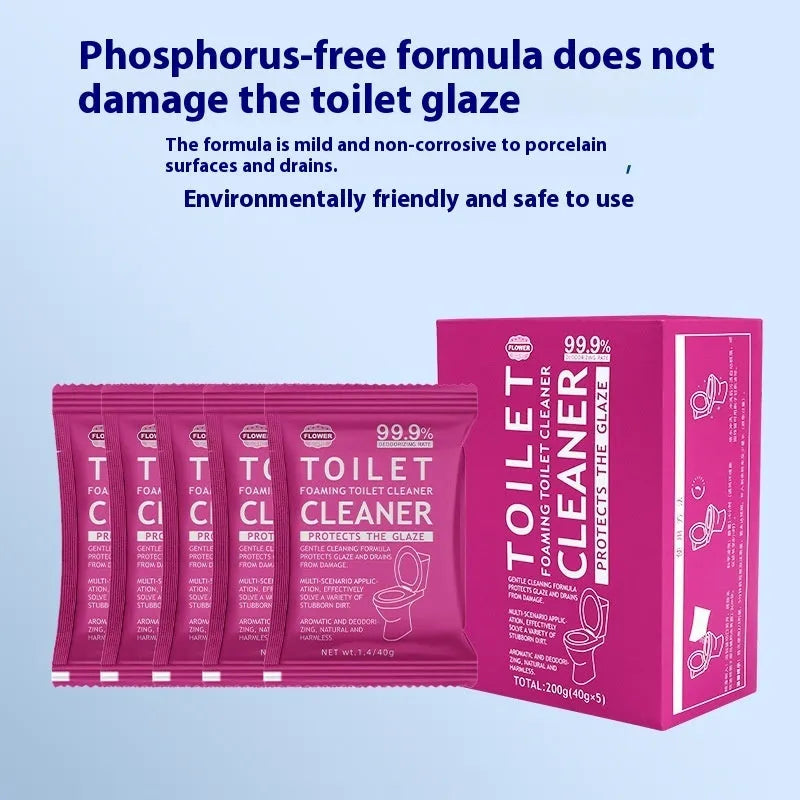 Box and bag of toilet cleaning bubble powder in blue and pink fragrances for descaling.