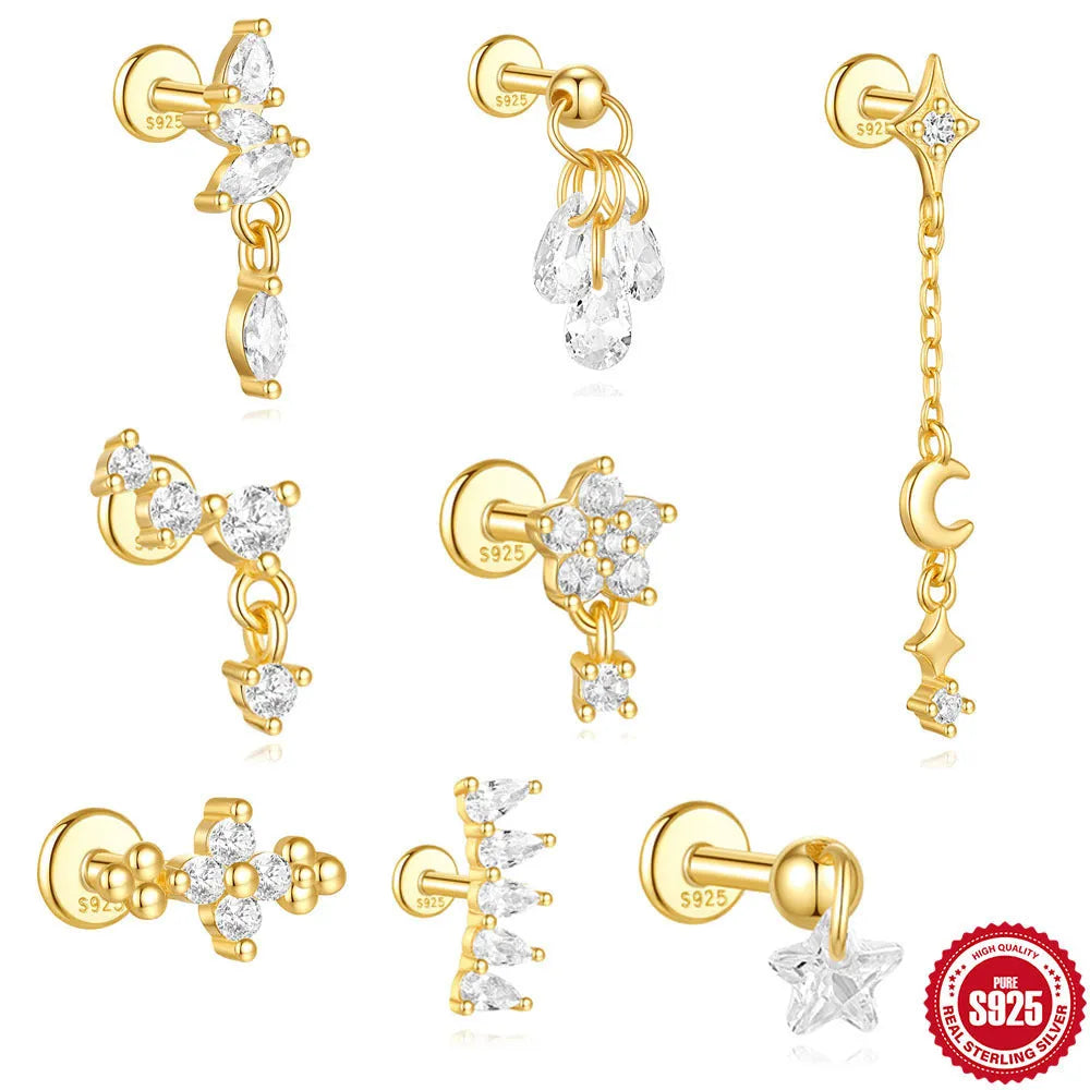S925 sterling silver geometric earrings with moon and diamond-embedded star design in a gold colour.