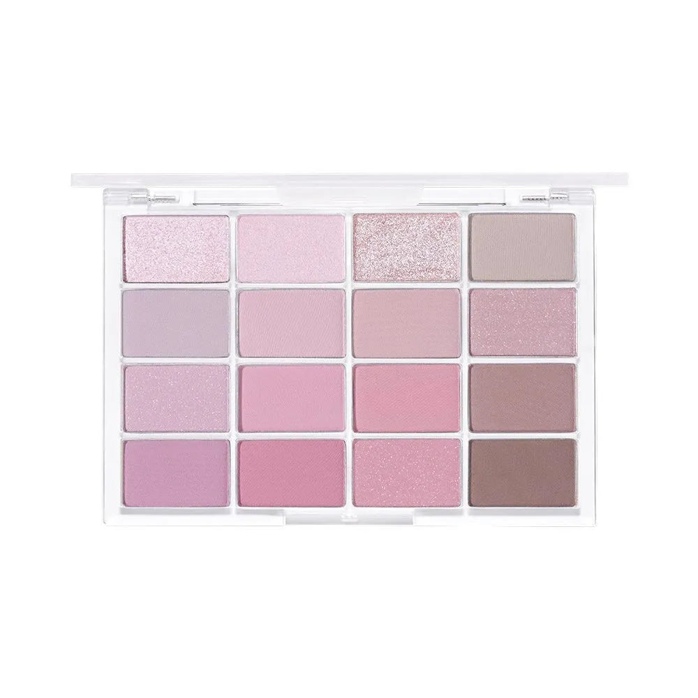 16 colour eyeshadow plate with shimmer and matte finishes in pink and brown shades