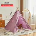 Children's indoor princess castle play tent with wooden frame, in a pink fur ball style with an open front and decorative top