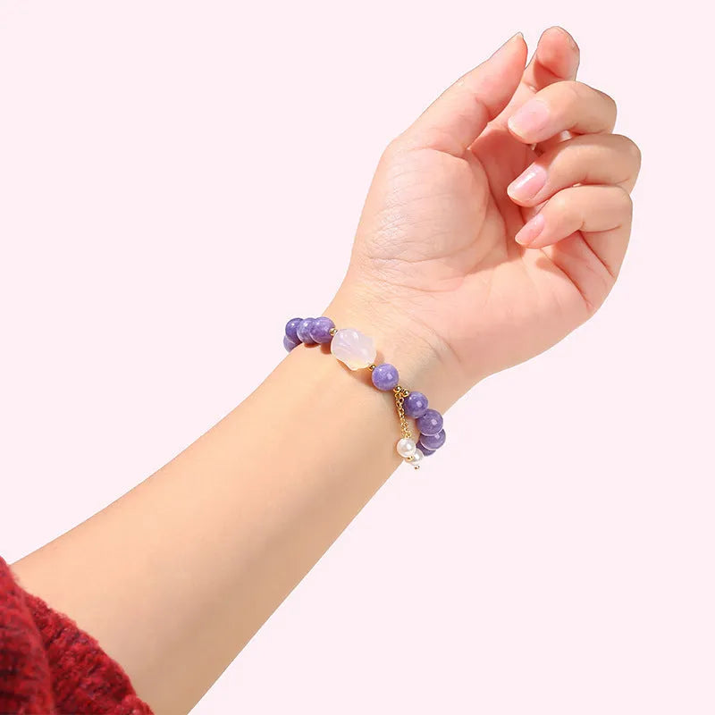 Purple aquamarine chalcedony lychee jelly agate rabbit bracelet, handmade, geometric round beads, women's jewellery