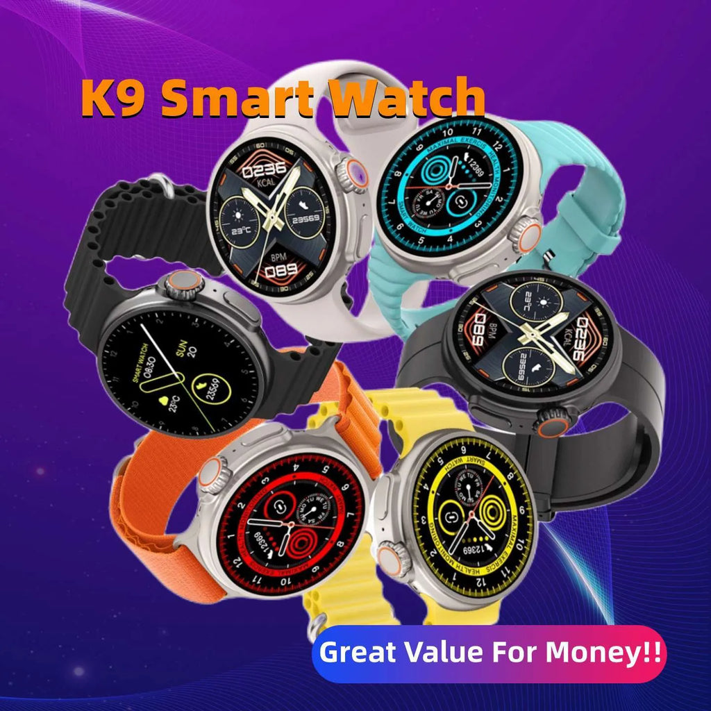 K9 smart watch with round screen on silicone strap showing health metrics display