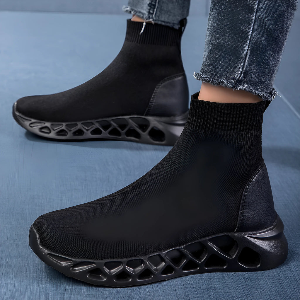 Women's high-top casual stretch socks ankle sock boots in solid colour mesh upper low-top flat heel