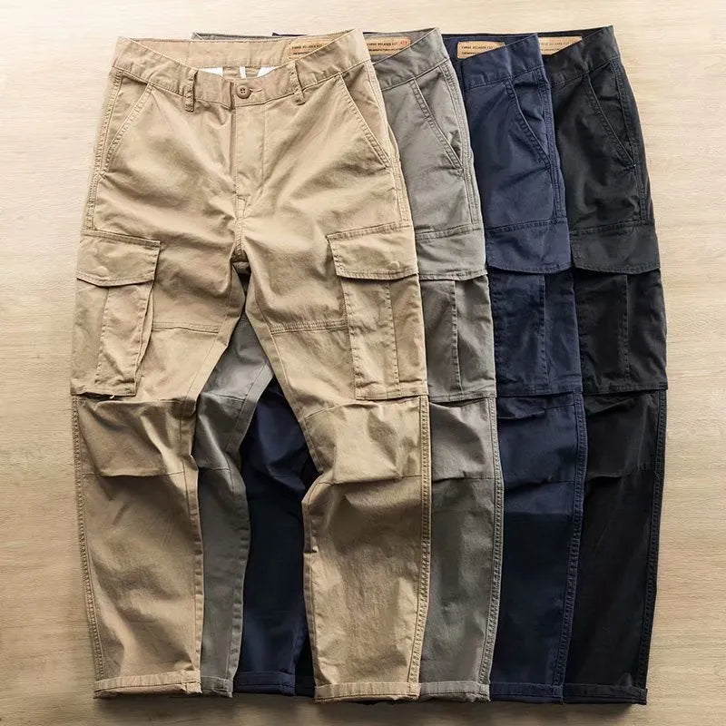 Men's cotton multi-pocket solid colour cropped work pants, available in black, blue, gray, khaki